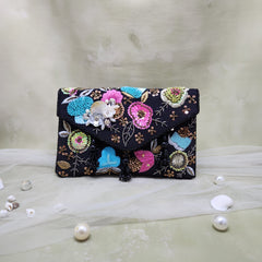 Black Multi Flower Flap Bag