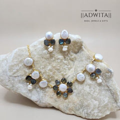 Labradorite and Pearl Flower Bloom Necklace Set