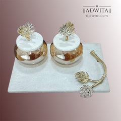 Palm leaf marble platter with glass marble lid palm leaf jars