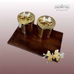 Twin butterfly wooden platter with twin butterfly glass jars