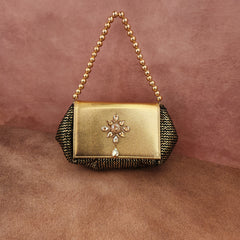 Batua Bag In Black And Gold With Gold Crystal Hanging Broach