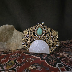 Handcrafted mother of pearl filigree bag with amazonite