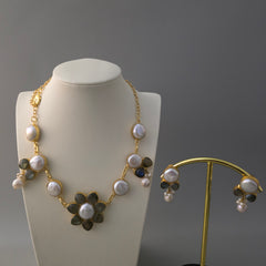 Labradorite and Pearl Flower Bloom Necklace Set