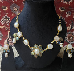 Labradorite and Pearl Flower Bloom Necklace Set