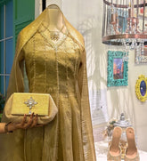 Batua Bag In Beige And Gold With Clear Crystal Hanging Broach