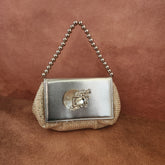 Batua Bag In White And Silver With Clear Crystal Broach With Mother Of Pearl Shell