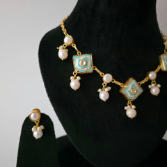 Pearl Droplet Meenakari Necklace Set in firoza