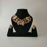 Rose print necklace with monalisa stone in shades of pink