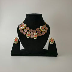 Rose print necklace with monalisa stone in shades of pink