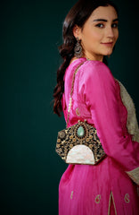 Handcrafted mother of pearl filigree bag with amazonite