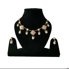 Pearl Droplet Meenakari Necklace Set in baby pink