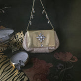 Batua Bag In Beige And Gold With Clear Crystal Hanging Broach