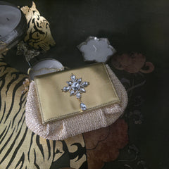 Batua Bag In Beige And Gold With Clear Crystal Hanging Broach
