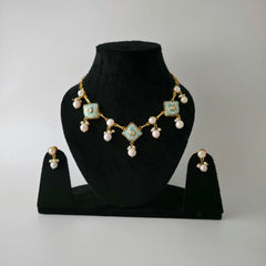 Pearl Droplet Meenakari Necklace Set in firoza