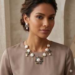 Labradorite and Pearl Flower Bloom Necklace Set