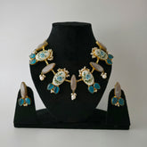 Rose print necklace with monalisa stone in shades of blue and grey