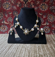 Labradorite and Pearl Flower Bloom Necklace Set