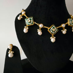 Pearl Droplet Meenakari Necklace Set in green