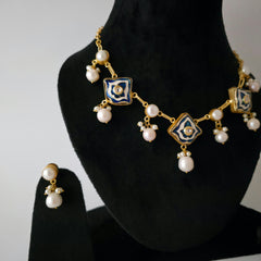 Pearl Droplet Meenakari Necklace Set in blue
