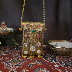 Kundan studed mobile batua bag - antique gold