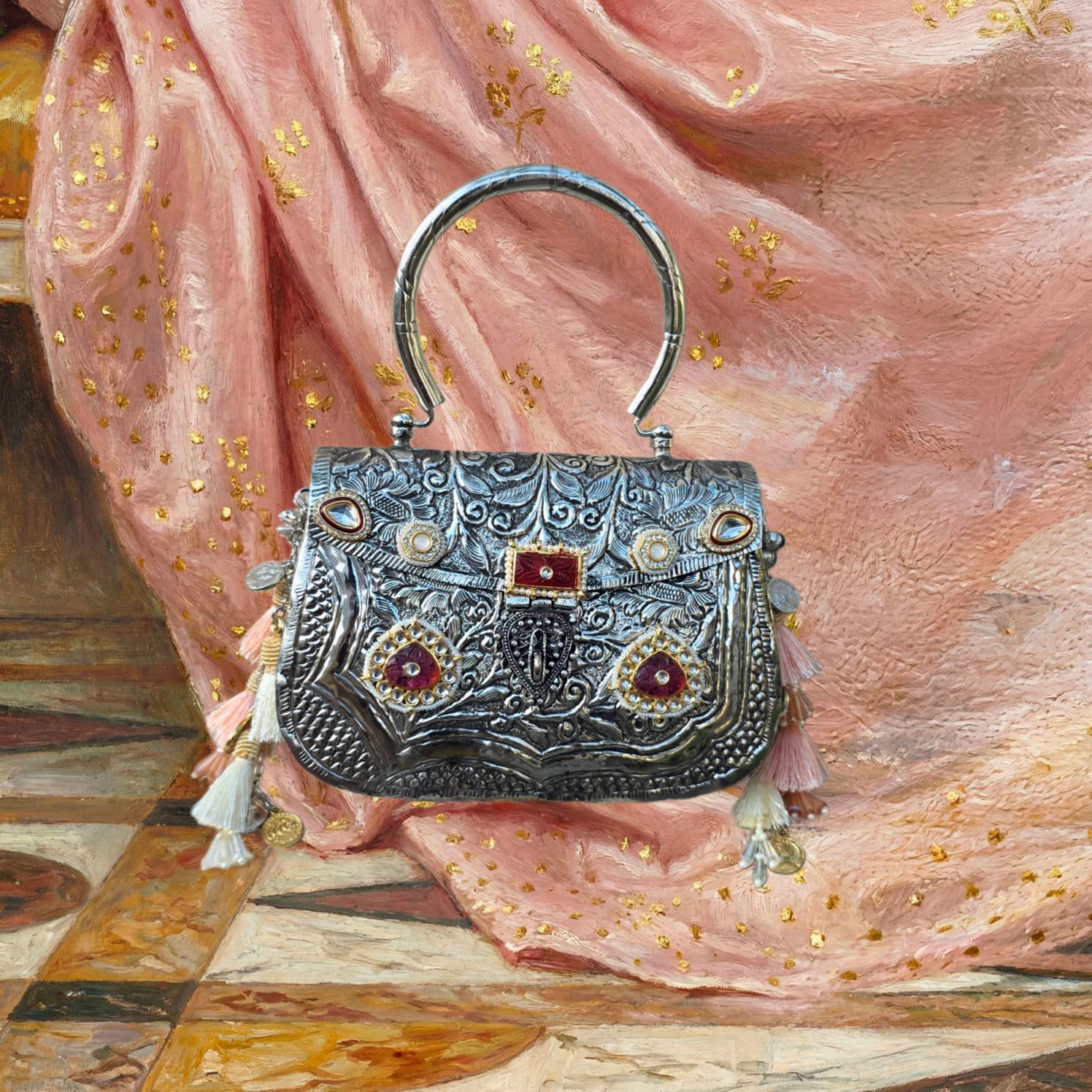 Adwita Arabia Bag — handcrafted brass bag with kundan stone studs and silver polish finish