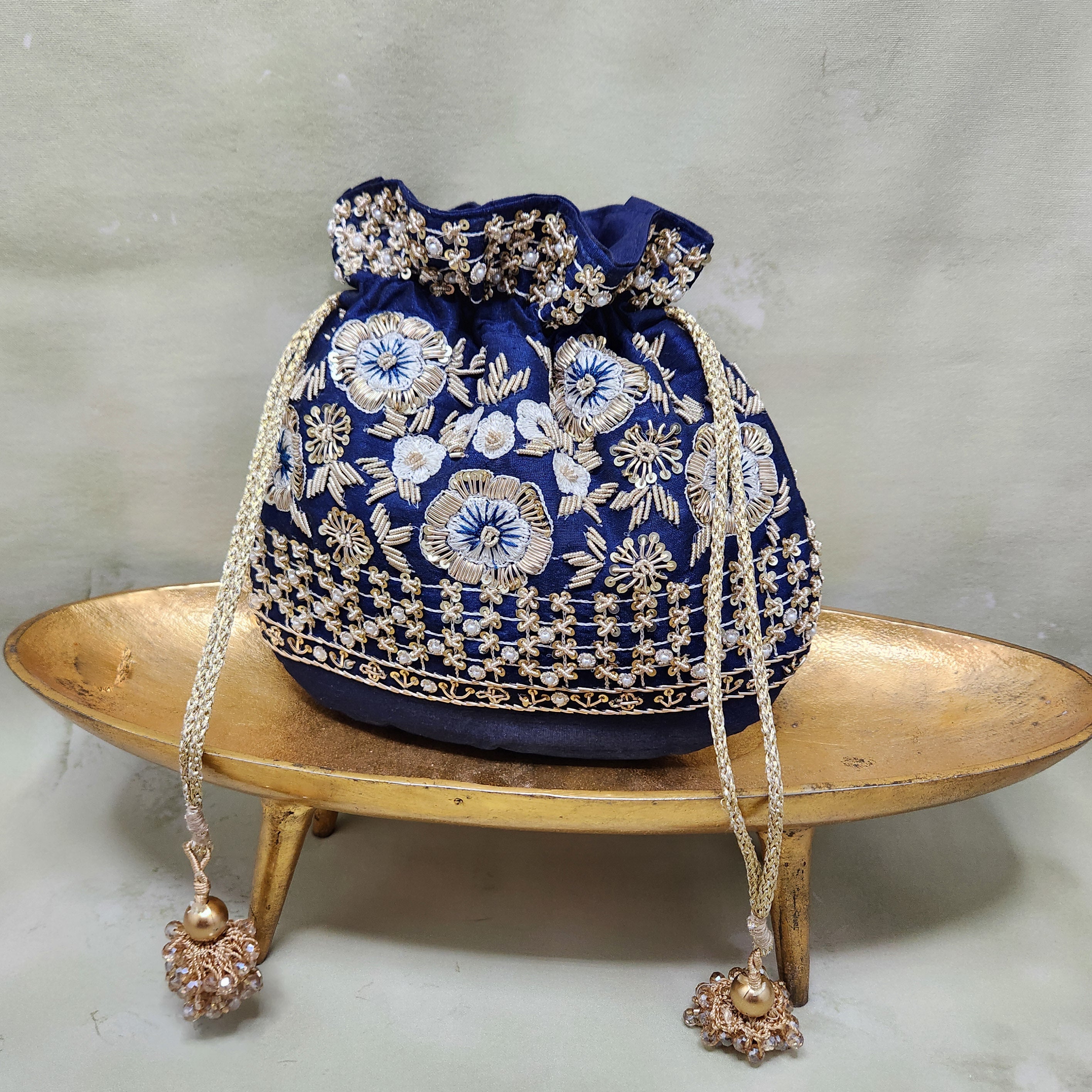 Floral Saga Potli - Navy Blue
