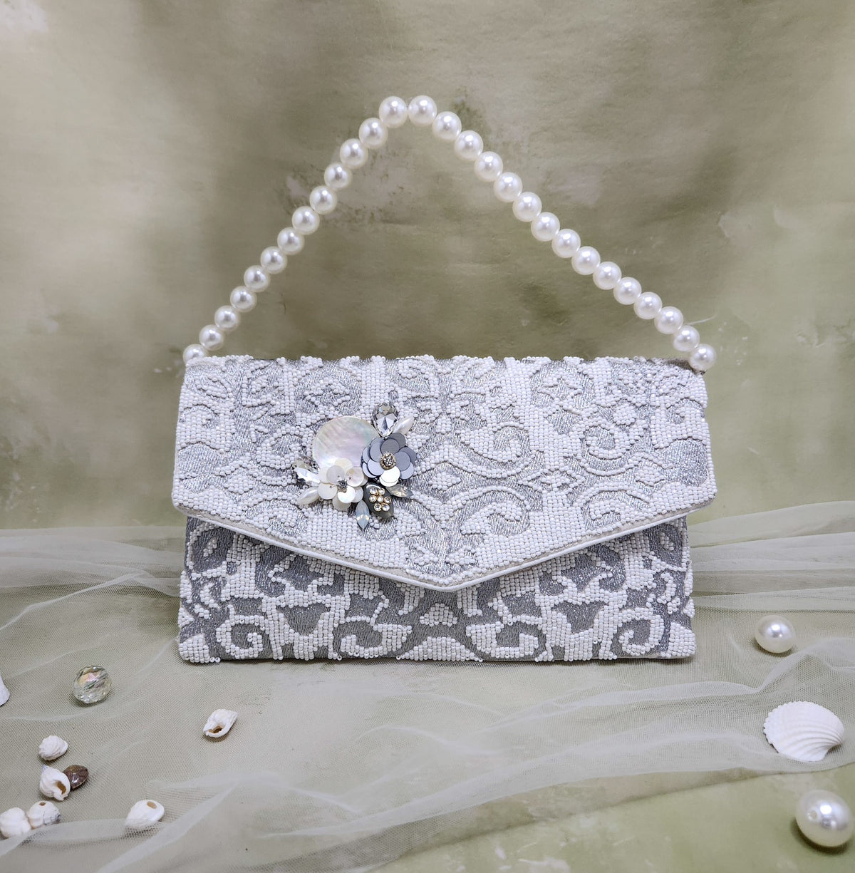 Silver Pearl Bead Envelope Bag