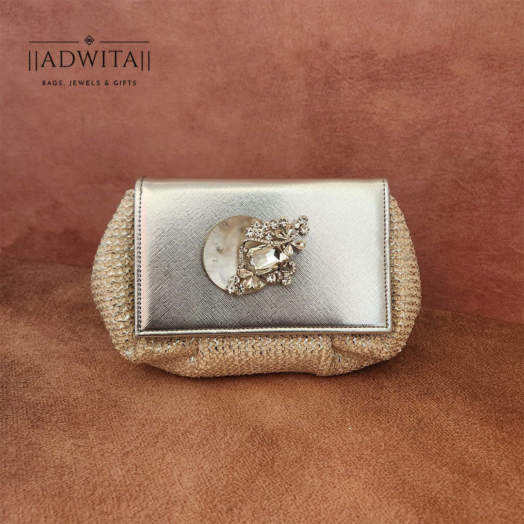Batua Bag In White And Silver With Clear Crystal Broach With Mother Of Pearl Shell Secondary image