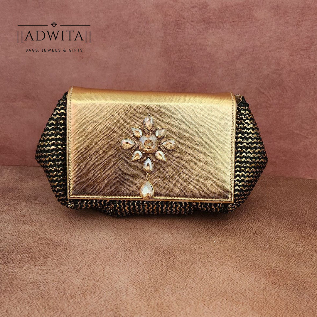 Batua Bag In Black And Gold With Gold Crystal Hanging Broach Secondary image