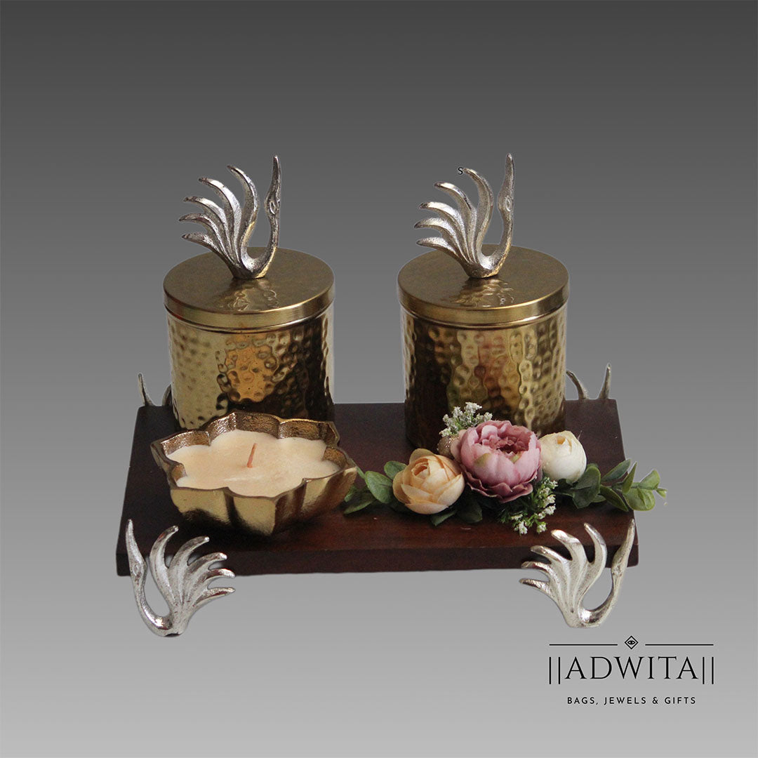 Wooden Swan Hamper Set with Metal Swan Jars Lotus Candle Main image