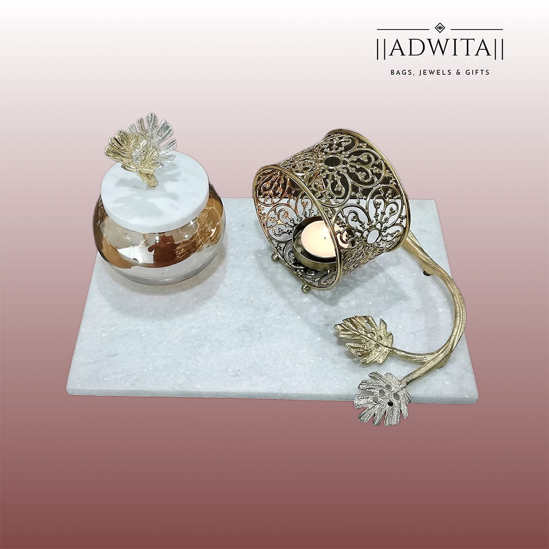 Palm leaf marble platter with glass marble lid palm leaf jar and candle holder Main image