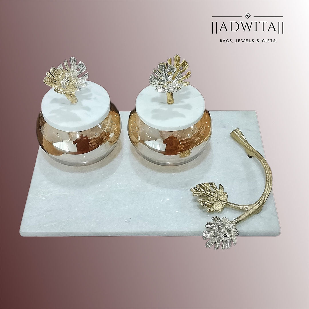 Palm leaf marble platter with glass marble lid palm leaf jars