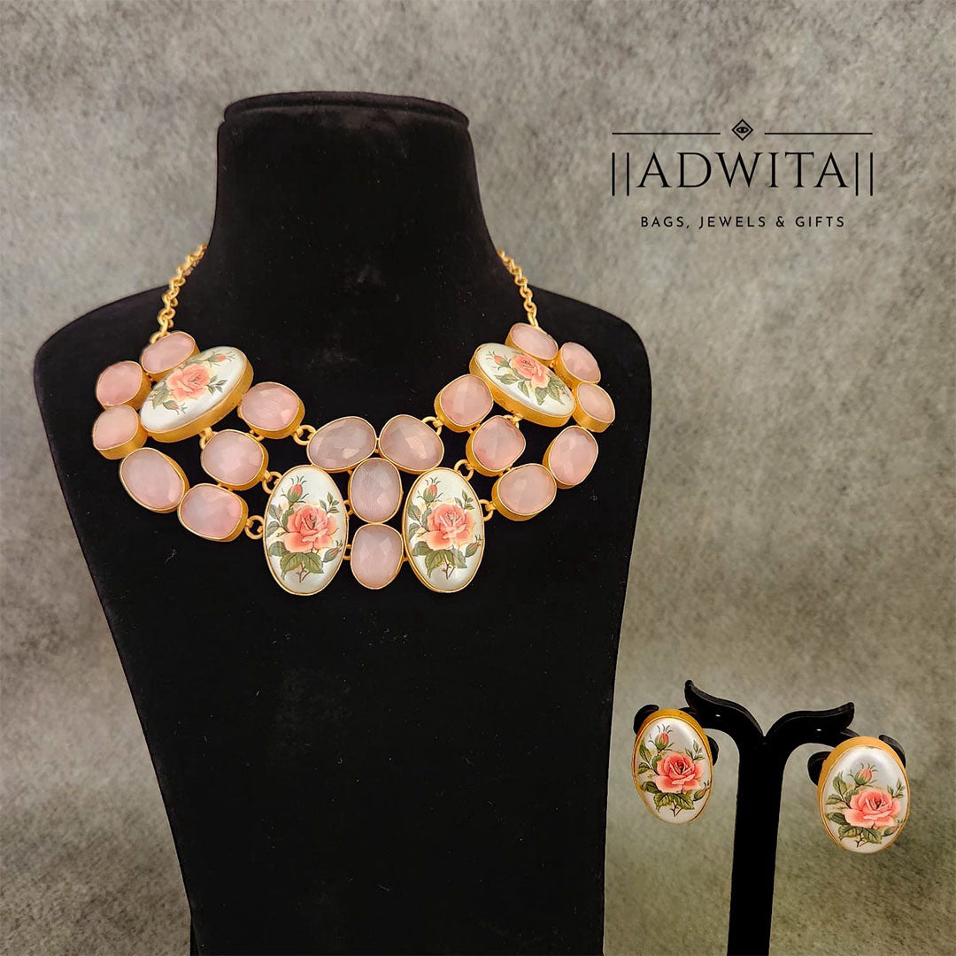 Rose print necklace with monalisa stone in shades of pink Secondary image