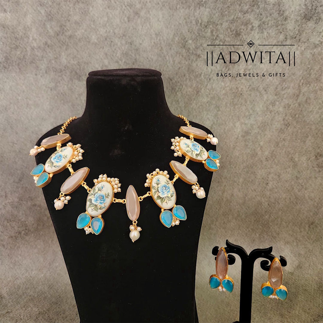 Rose print necklace with monalisa stone in shades of blue and grey Secondary image