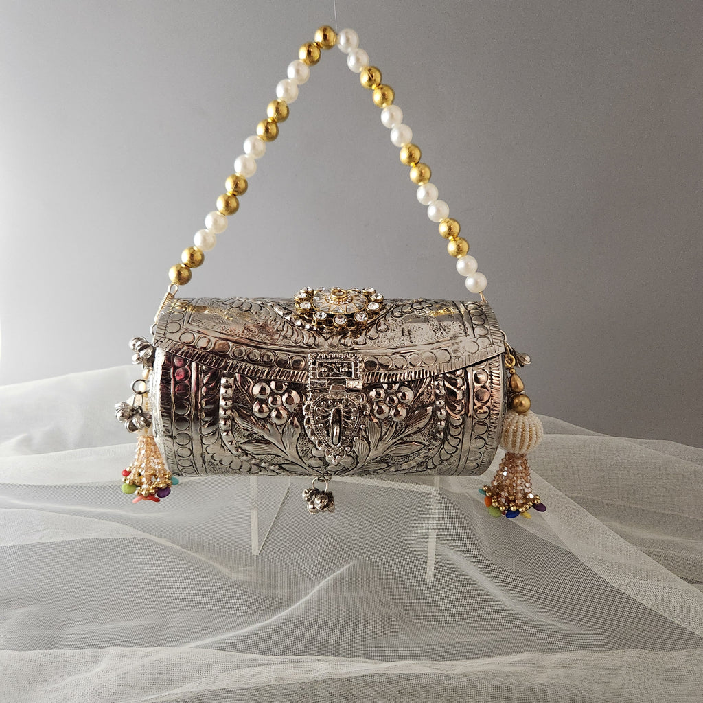 Silver Carved Boho Drum close-up of brass carving and hangings