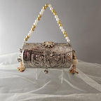 Silver Carved Boho Drum close-up of brass carving and hangings