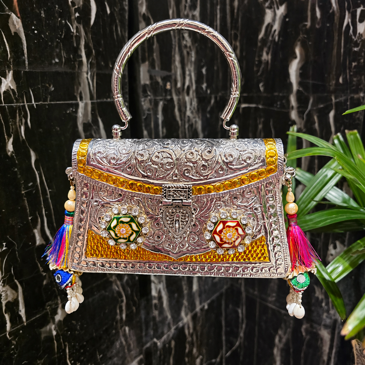 Multi meenakari bag with top brass handle Main image