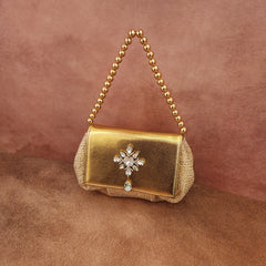 Batua Bag In Beige  And Gold With Clear Crystal Hanging Broach