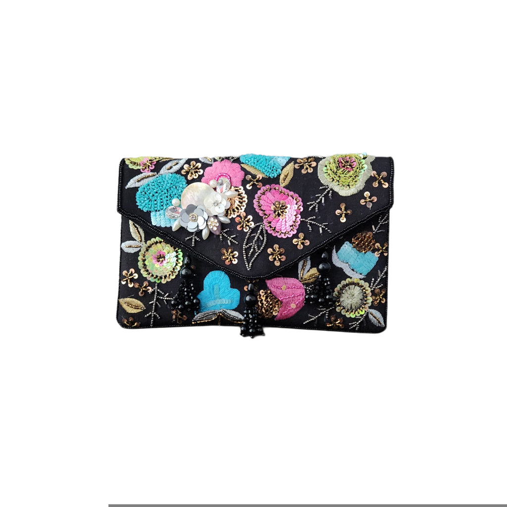 Black Multi Flower Flap Bag