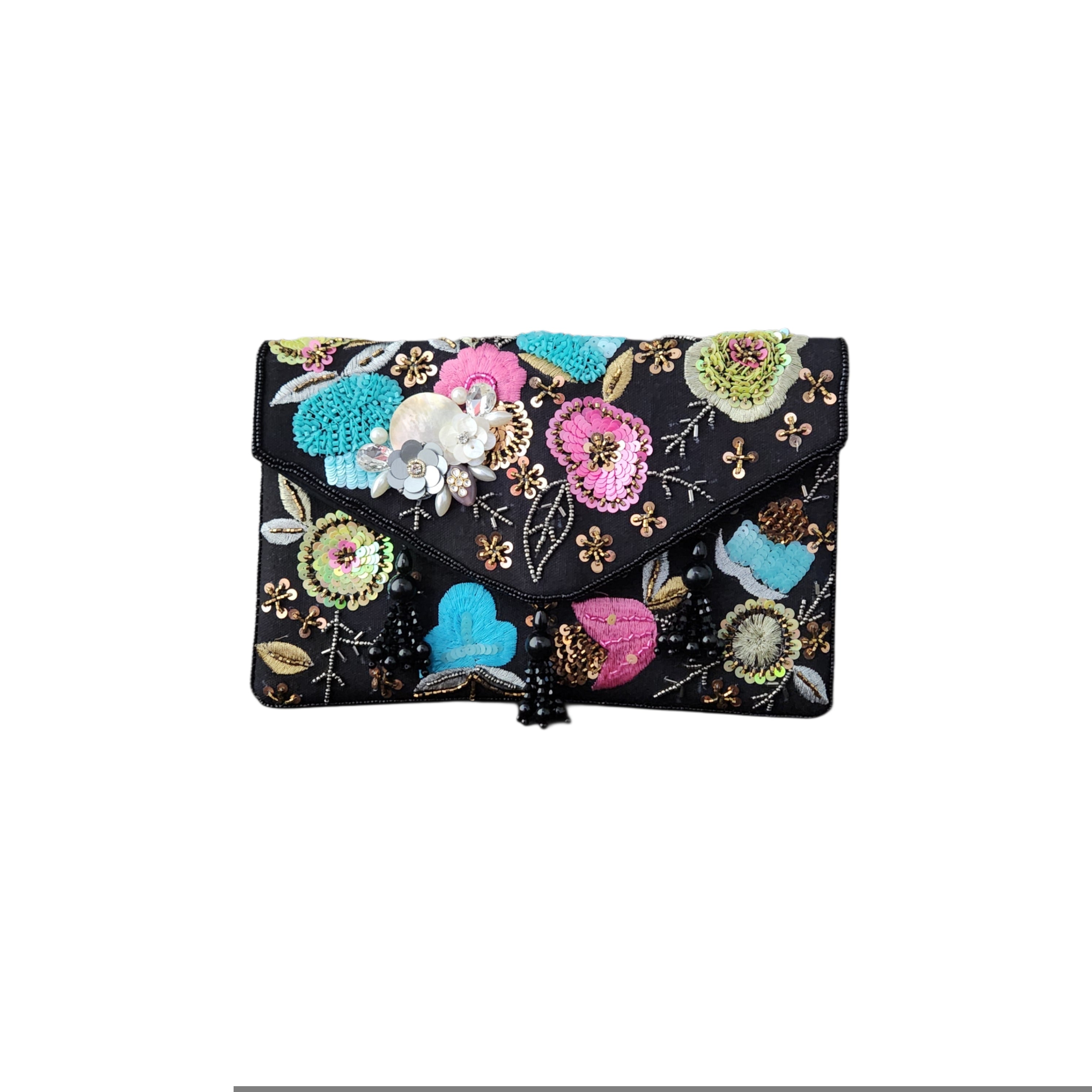 Black Multi Flower Flap Bag