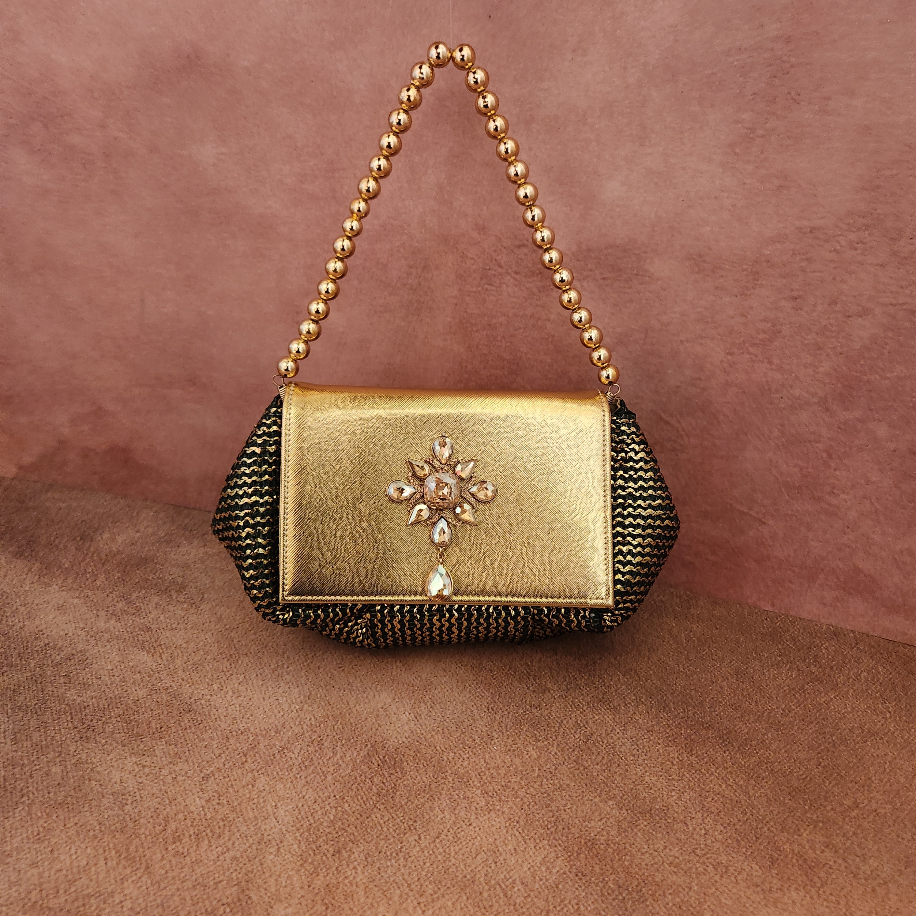 Batua Bag In Black And Gold With Gold Crystal Hanging Broach Main image
