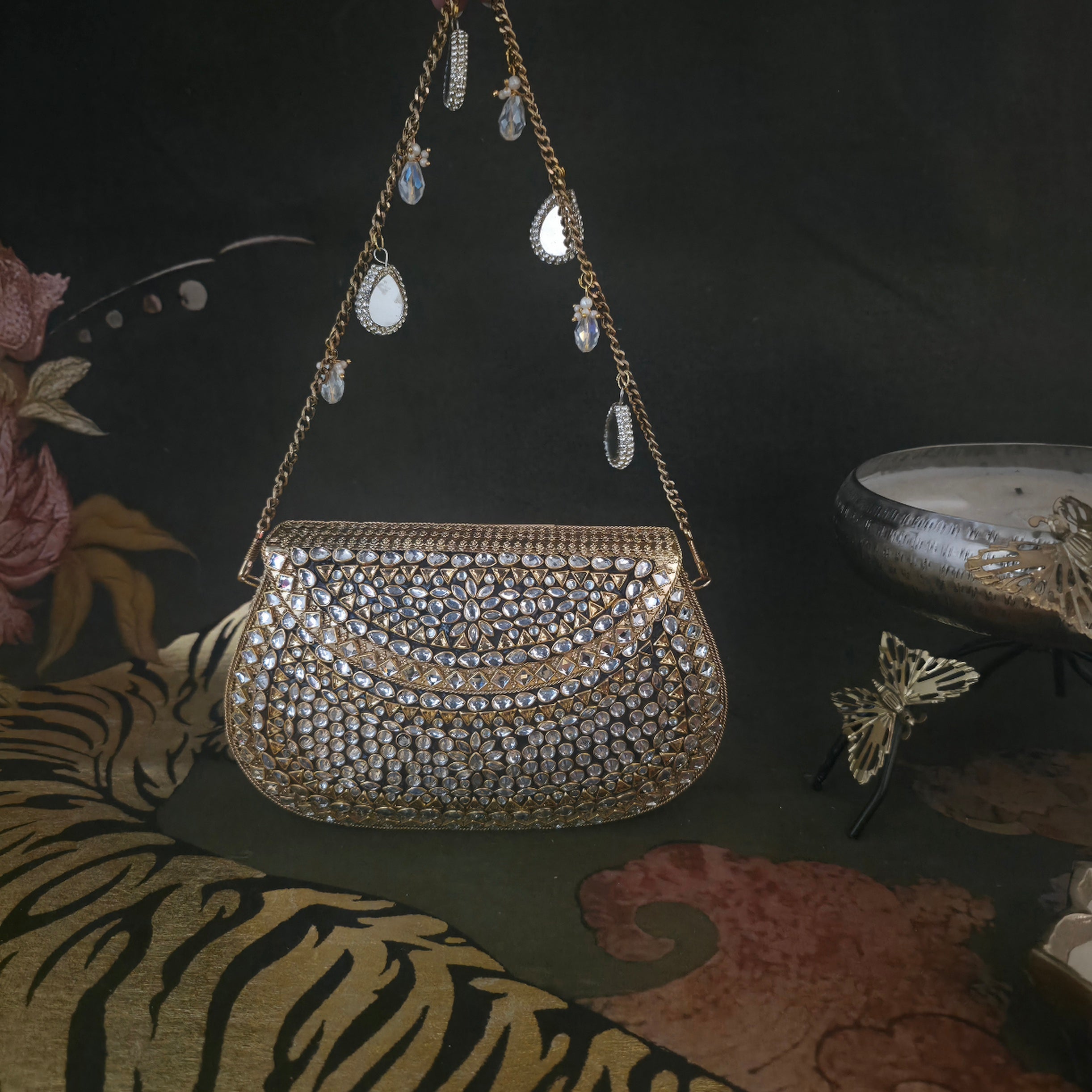 Big size kundan mosaic bag in gold Main image