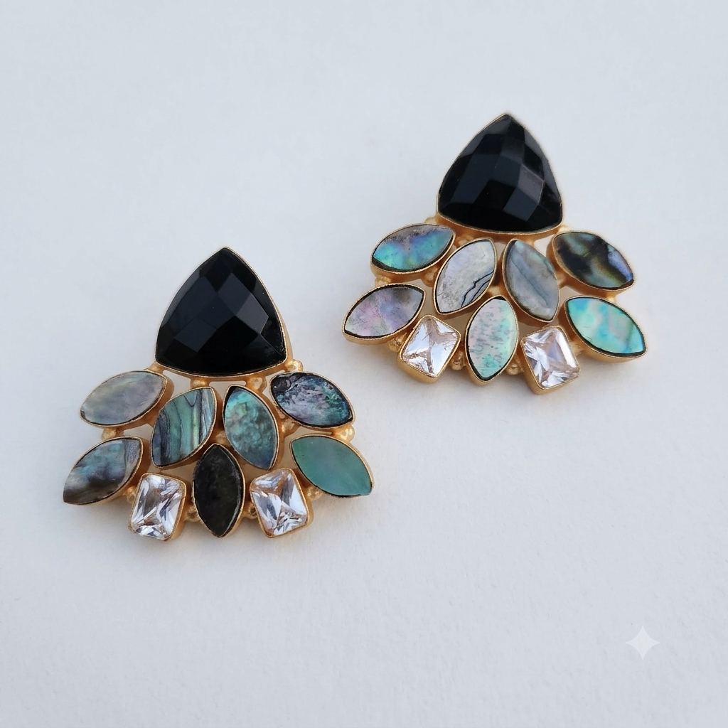 Black onyx with abalone and zirconia wing studs Secondary image