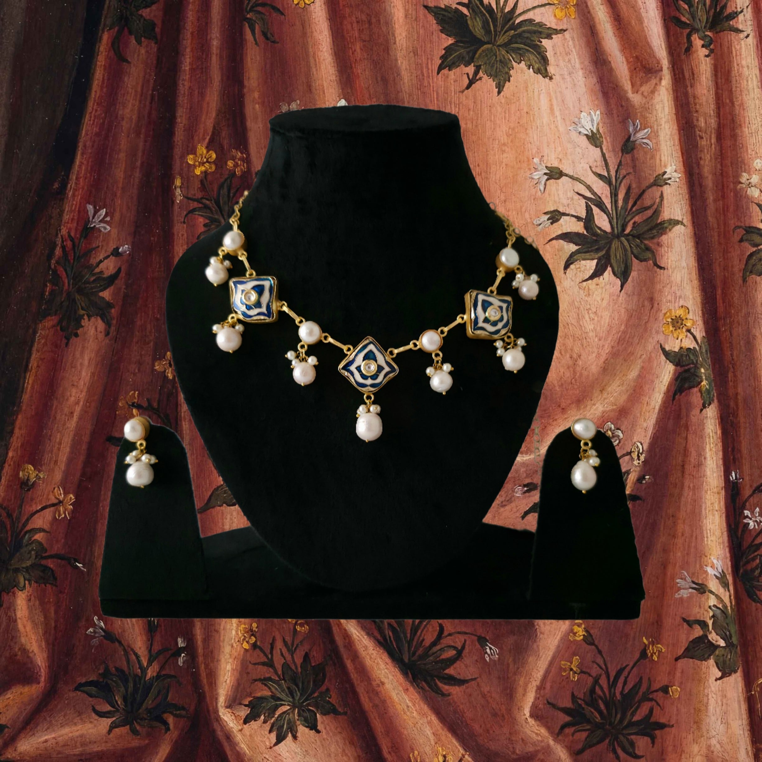Pearl Droplet Meenakari Necklace Set in blue