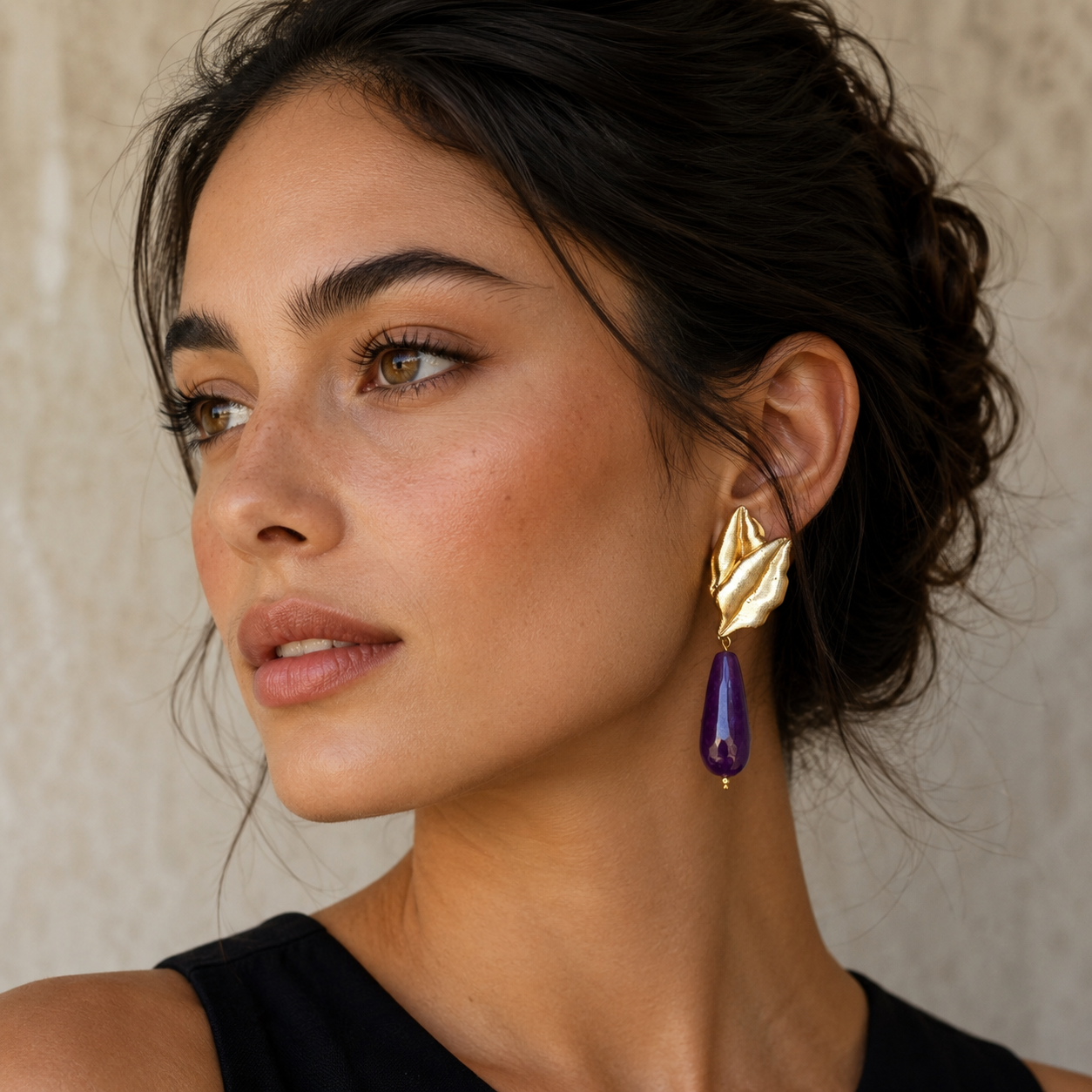Leaf stone drop earrings[ purple] Main image