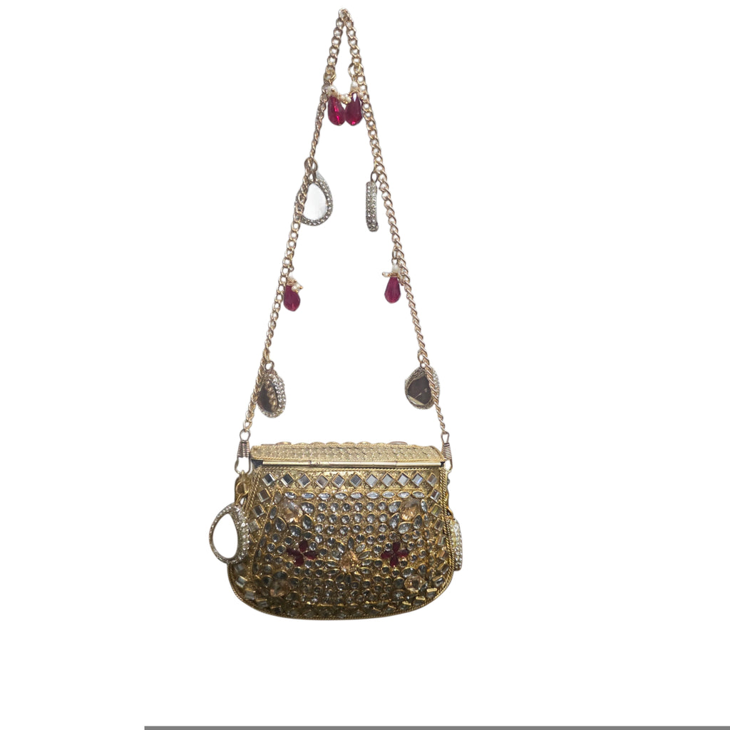 Mini kundan mosaic bag - gold & red