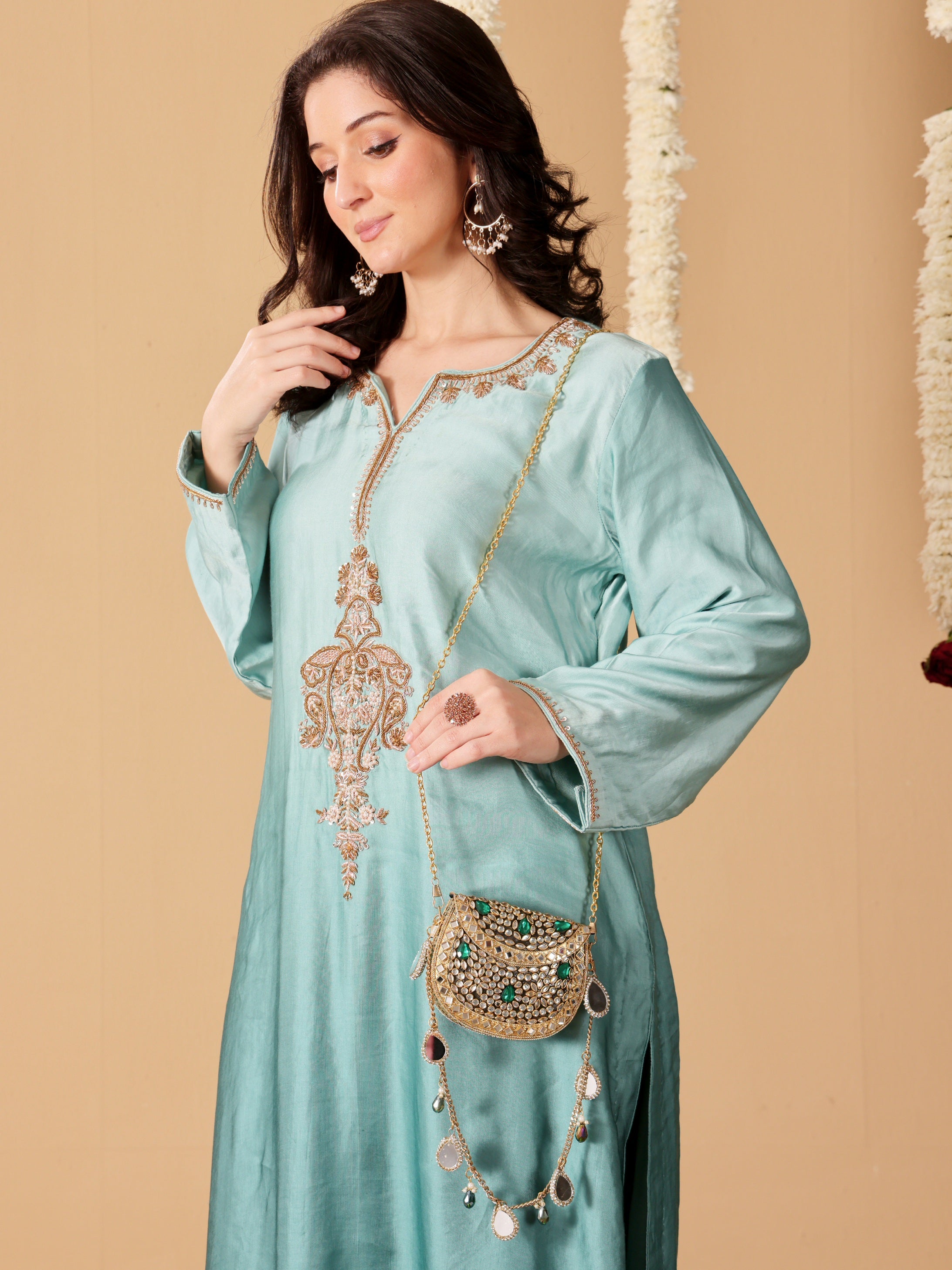 Mini kundan mirror bag [ Emerald green]