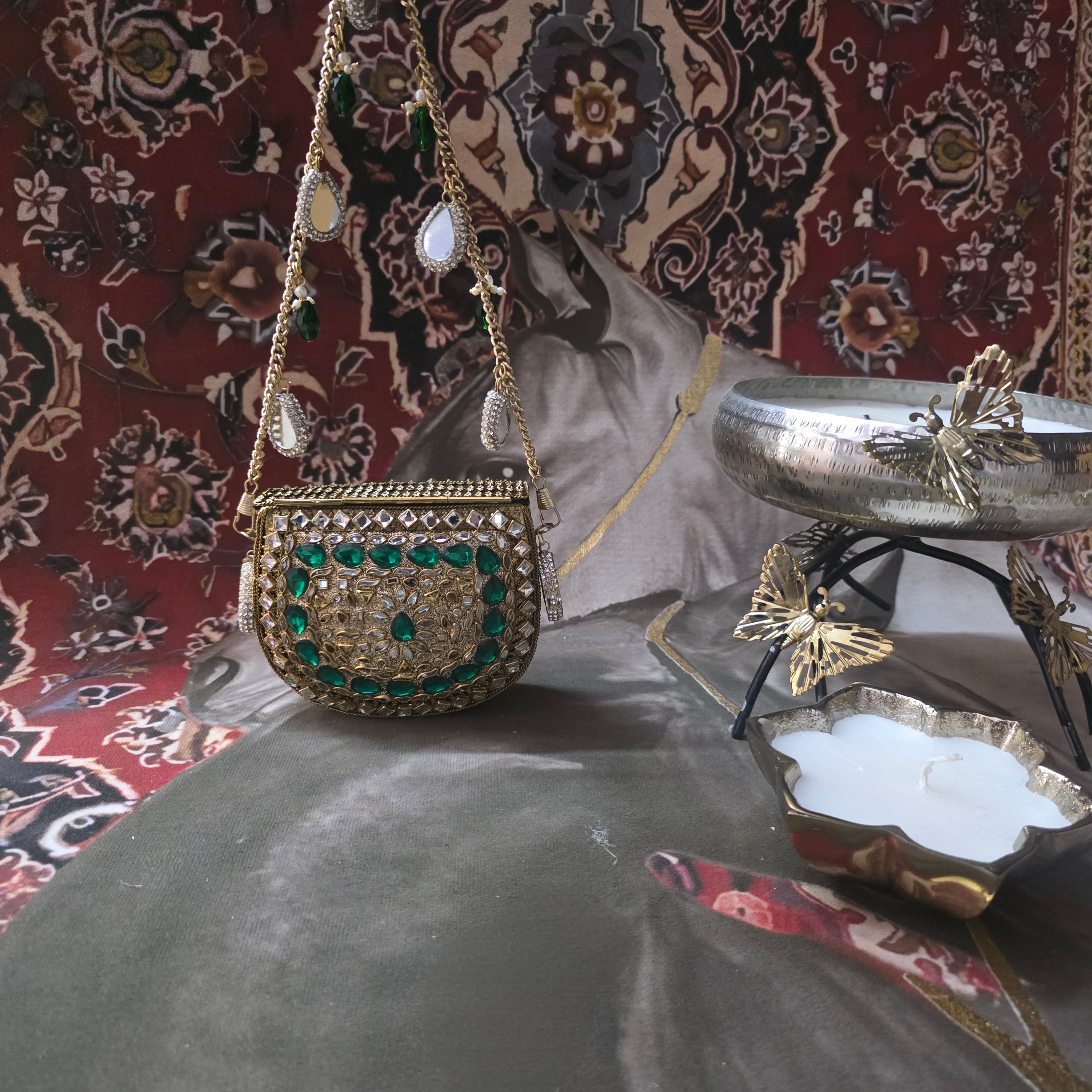 Mini kundan mirror bag - emerald green