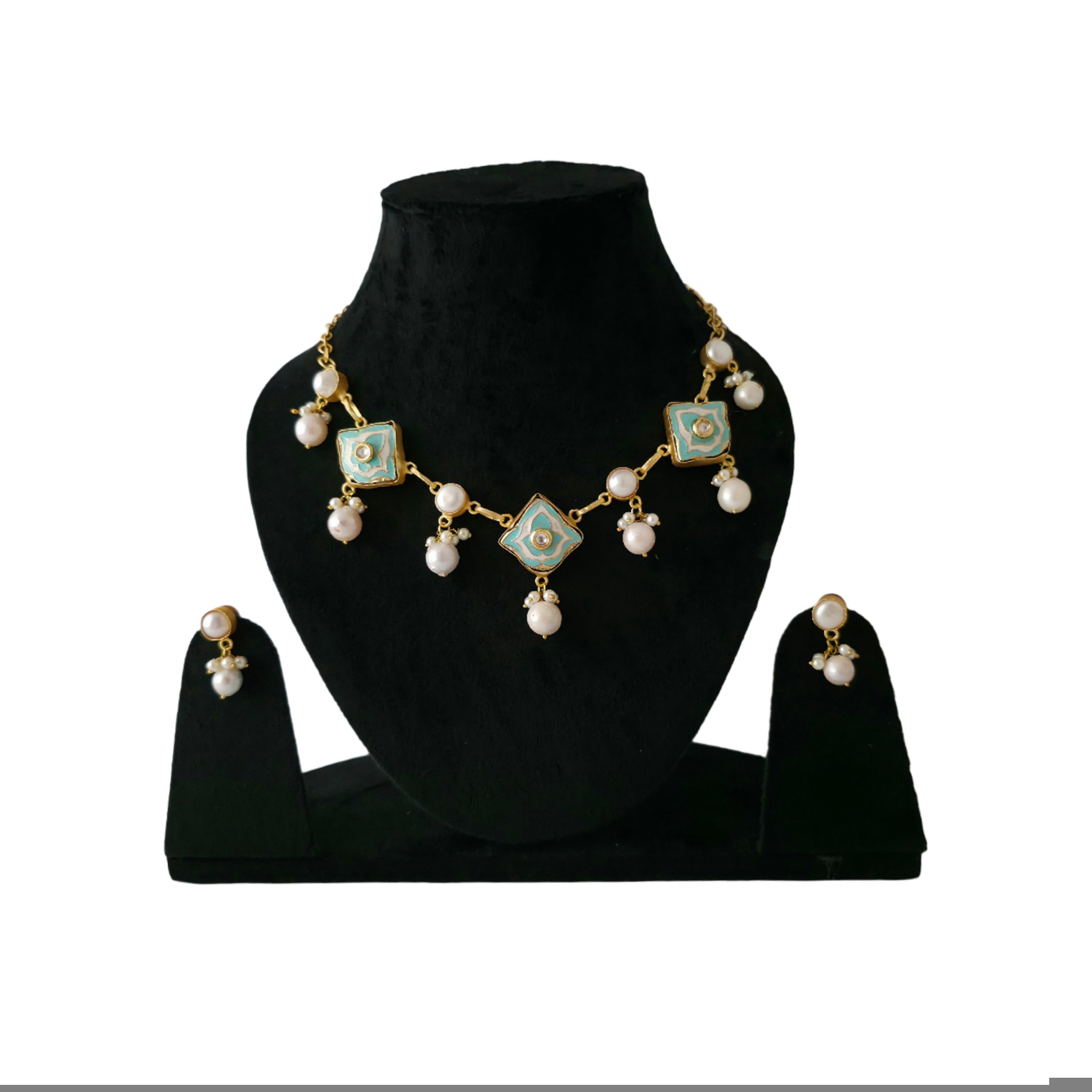 Pearl Droplet Meenakari Necklace Set in firoza Secondary image
