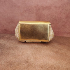 Batua Bag In Beige  And Gold With Clear Crystal Hanging Broach